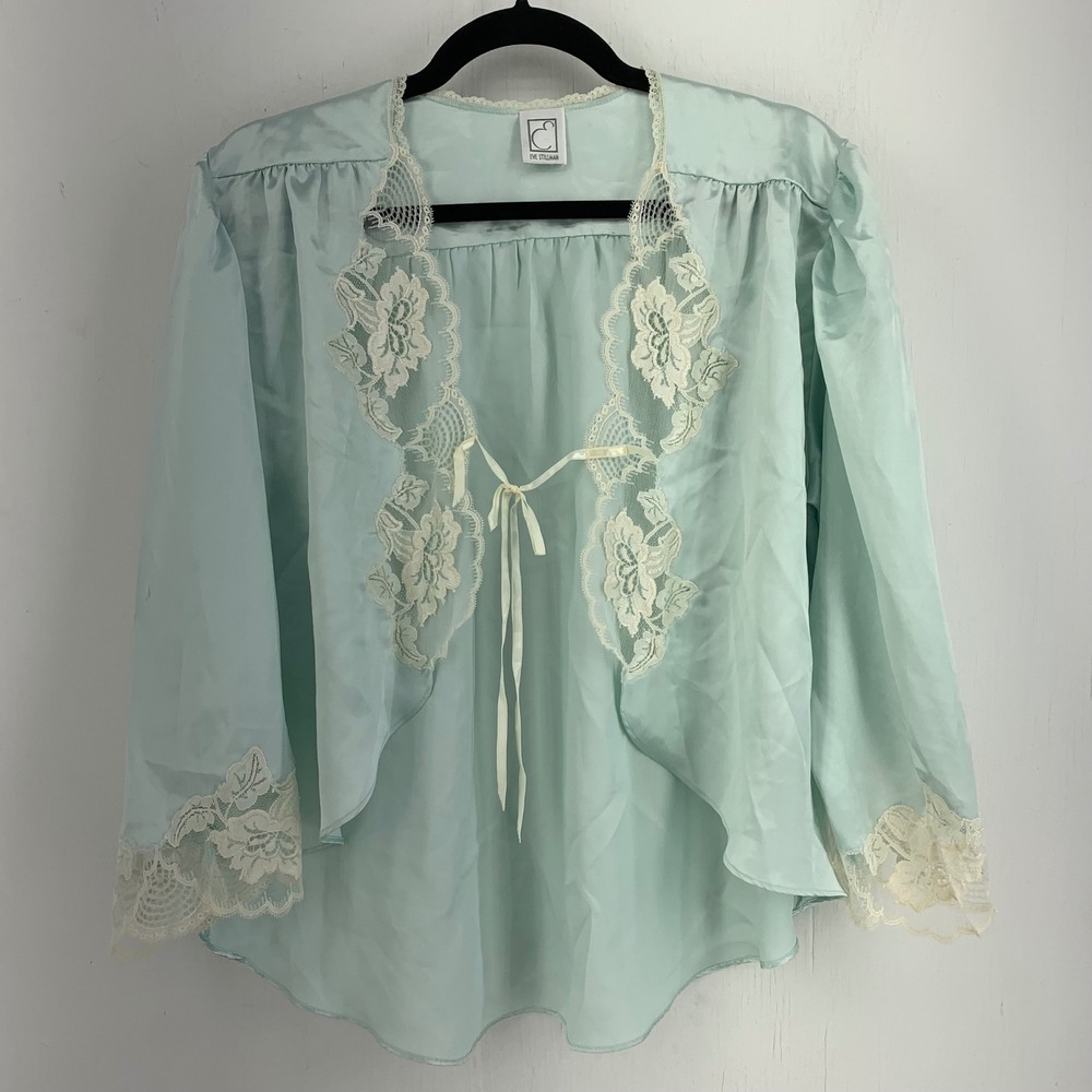 Vtg Eve Stillman Coquette Victorian Bouidoir Satin Lace Trim Bed Jacket Robe